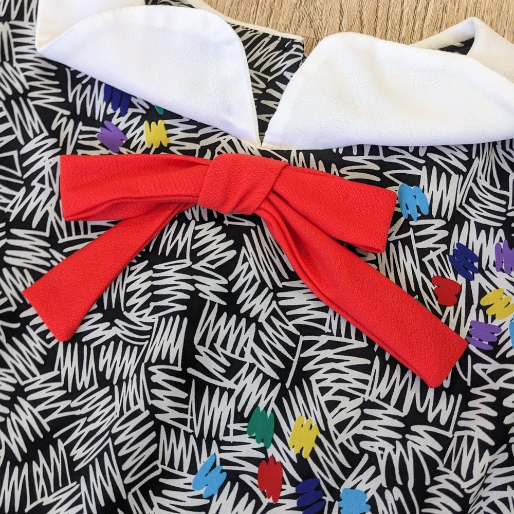 Vintage 80s Peter Pan Collar Abstract Dress L Bow Tie Blouson Art Teacher Quirky - Picture 4 of 16